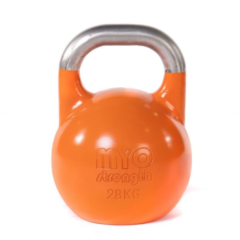 A 28KG MYO Strength Competition Kettlebell by MYO Strength, orange with a smooth silver handle, perfect for functional strength training, shown on a white background.