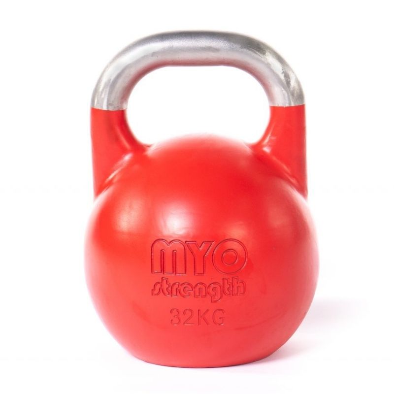 A 32KG MYO Strength Competition Kettlebell by MYO Strength, red with a smooth silver handle, perfect for functional strength training, shown on a white background.