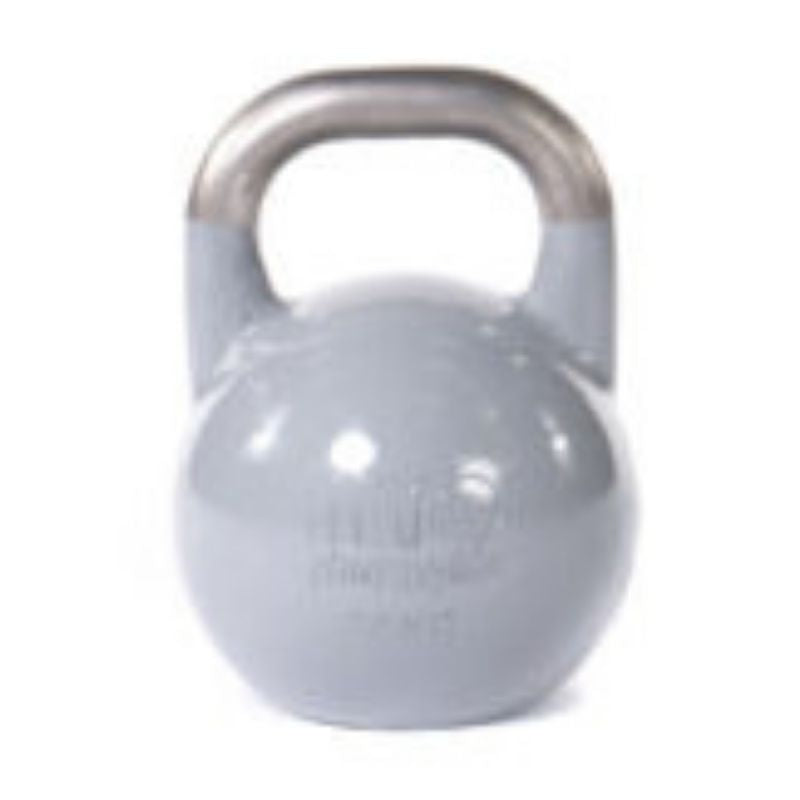 A 36KG MYO Strength Competition Kettlebell by MYO Strength, grey with a smooth silver handle, perfect for functional strength training, shown on a white background.