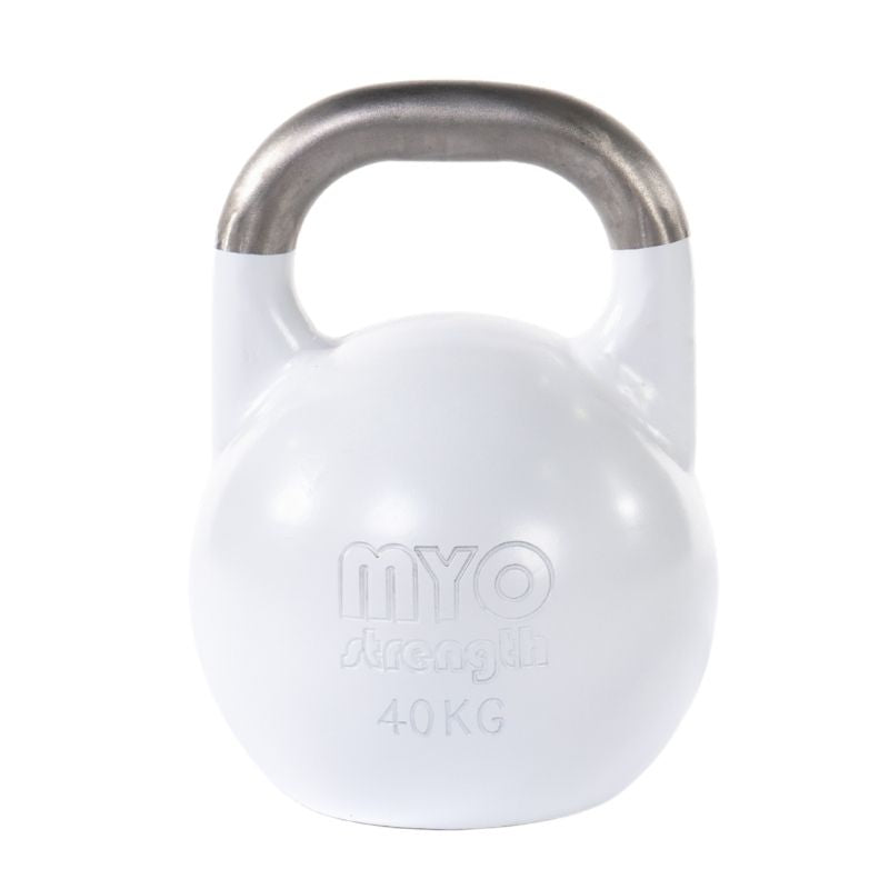 A 40 KG MYO Strength Competition Kettlebell by MYO Strength, white with a smooth silver handle, perfect for functional strength training, shown on a white background.