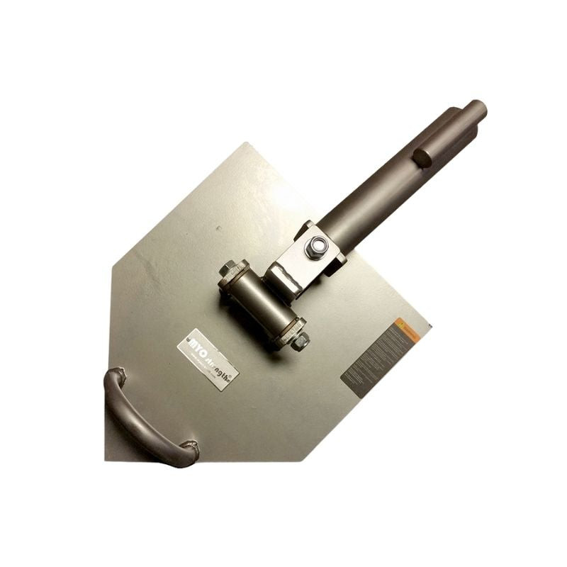 The MYO Strength - Core Plate by MYO Strength features a hexagonal, anti-slip rubber base, a horizontal cylindrical attachment, a vertical bolt, and a curved handle—ideal for fall protection systems on roofs.