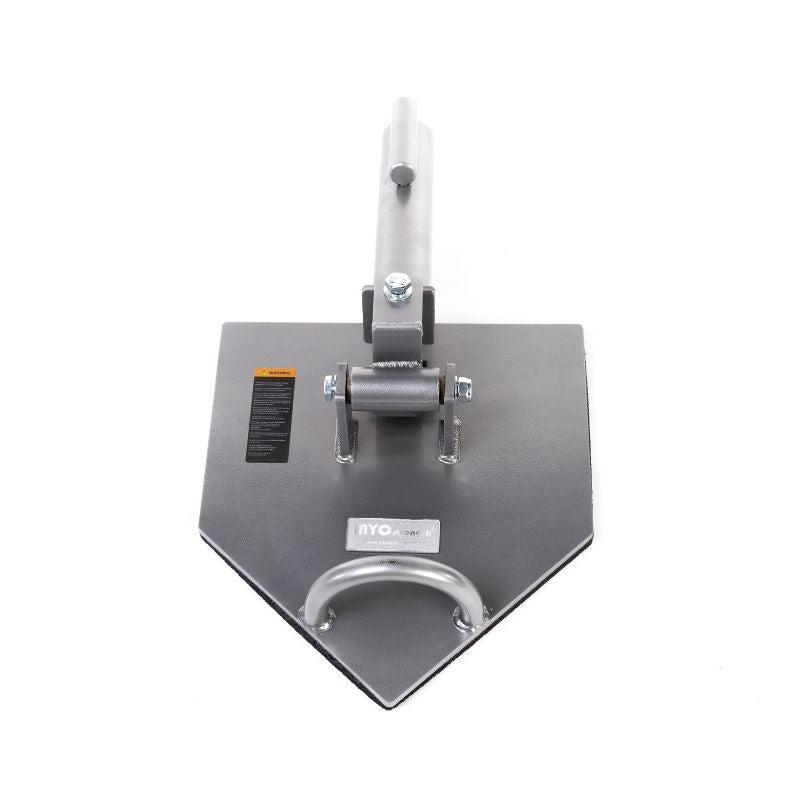 The MYO Strength - Core Plate by MYO Strength features a hexagonal, anti-slip rubber base, a horizontal cylindrical attachment, a vertical bolt, and a curved handle—ideal for fall protection systems on roofs.