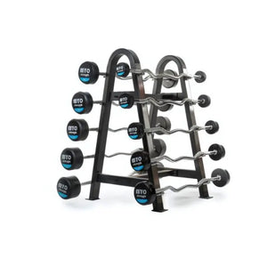 Black metal fixed barbell rack on a white background