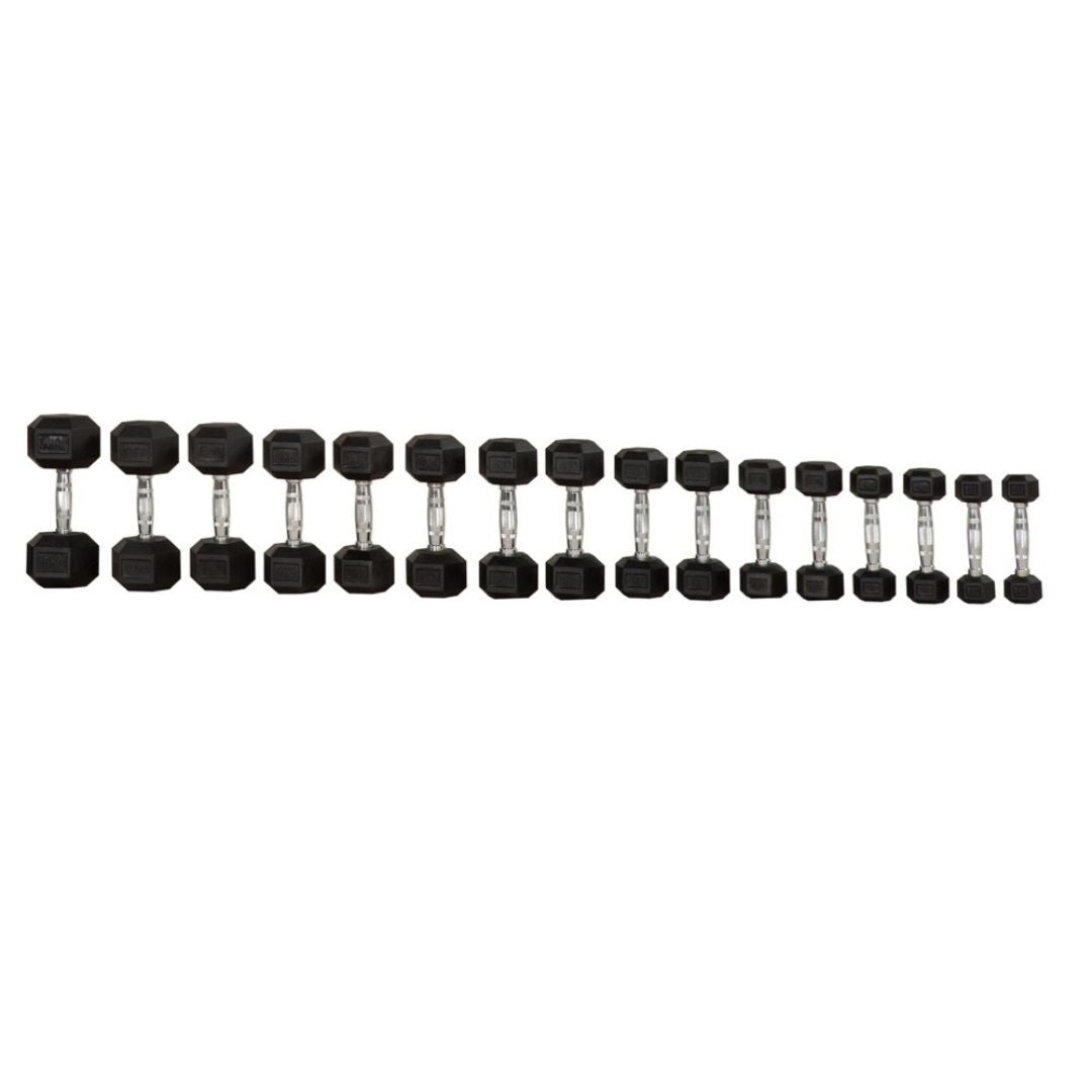 Two MYO Strength Hex Rubber Dumbbells with metal handles, each 20kg, are placed on a white background. Their anti-roll design and durable build offer stability and long-lasting performance. Set range: 2.5kg-25kg (10 pairs).