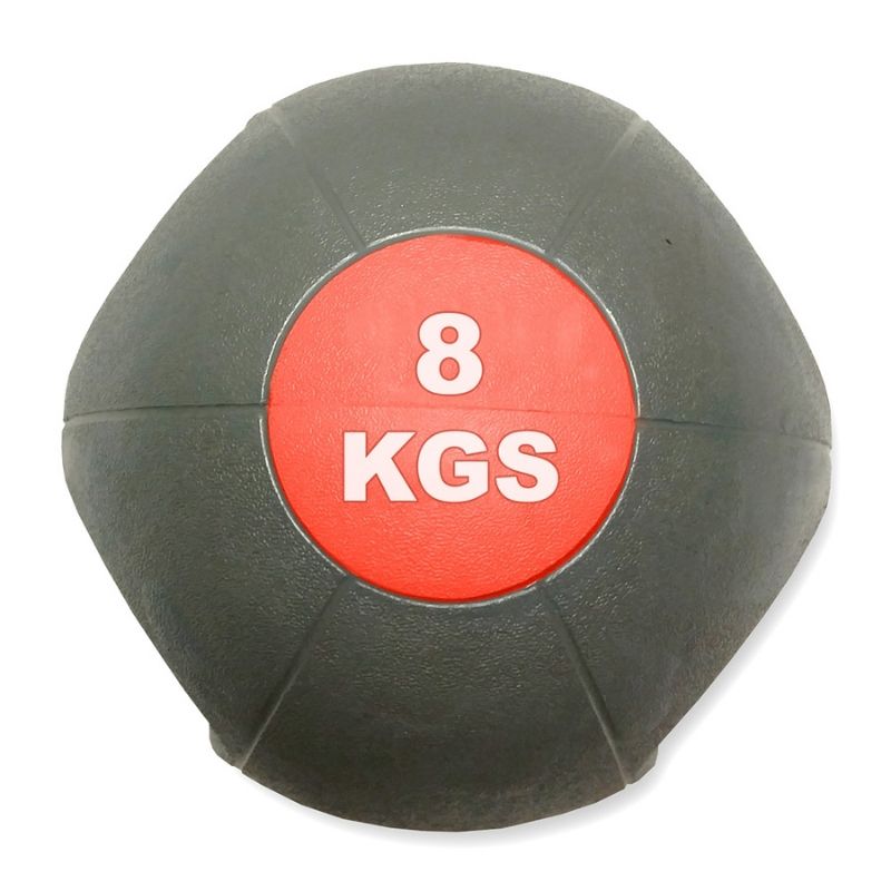 The MYO Strength - Double Grip Medicine Ball by MYO Strength is grey with a red center and white 8 KGS text—ideal for core exercises and functional training