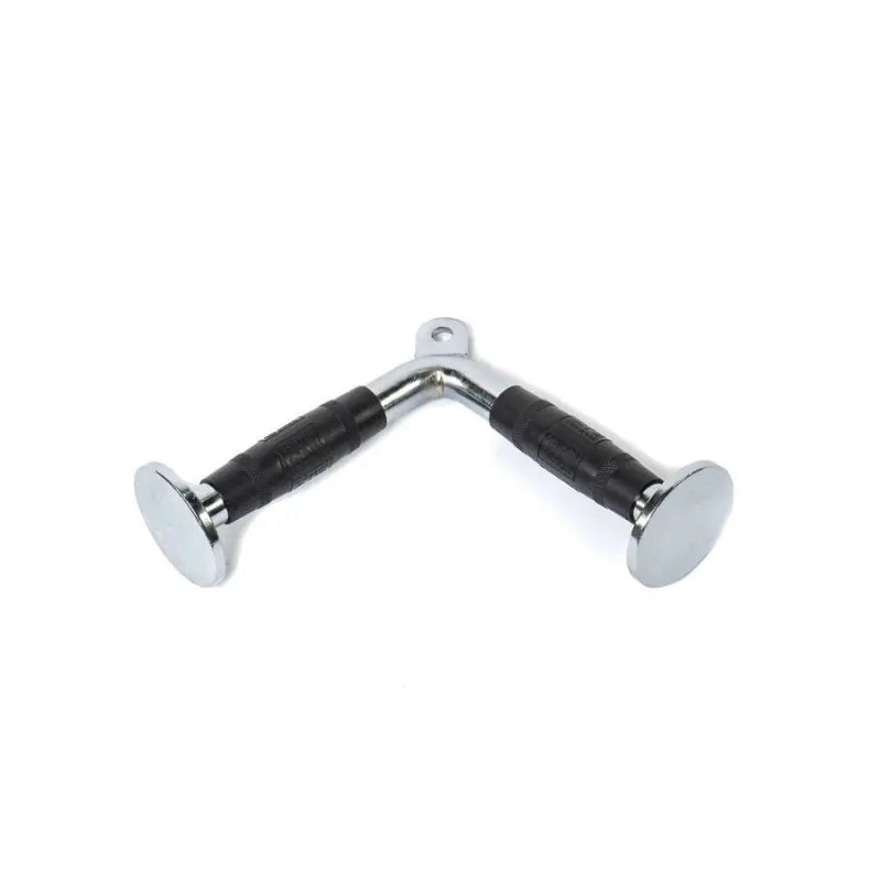 The MYO Strength Angled Press Down Bar with End Plates is a chrome-plated cable attachment featuring black PU grips, ideal for strength training exercises such as seated rows, pull-downs, and angled press down movements.