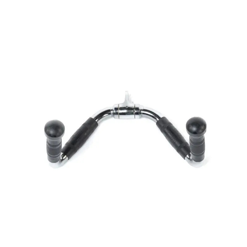 The MYO Strength Cable Attachment – Multi Exercise Bar features PU grips, chrome-plated finish, and round end caps—ideal as a V-shaped cable attachment for gym strength training moves like seated rows or lat pulldowns.