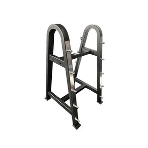 Black metal fixed barbell rack on a white background