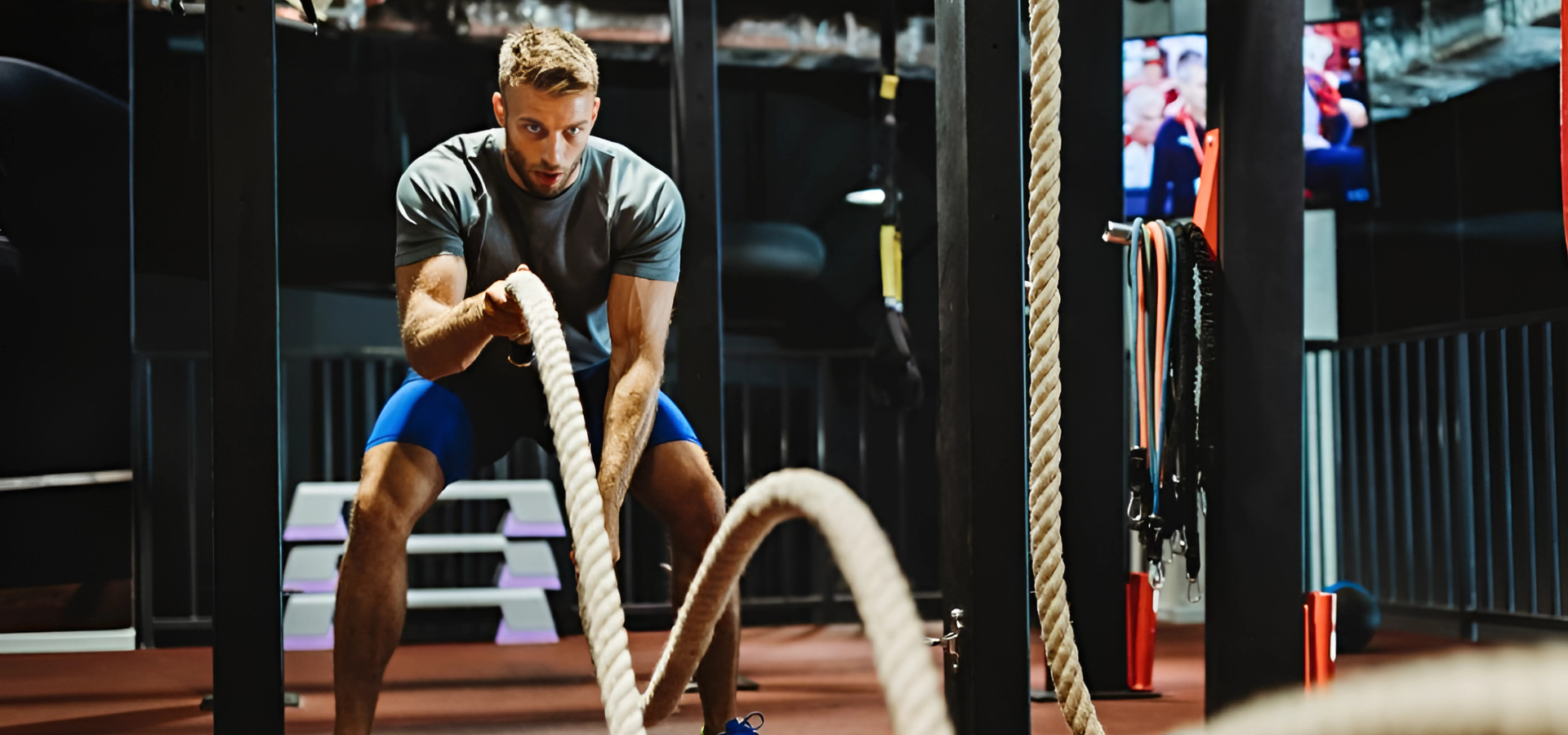 Man exercising with battle ropes in a gym setting