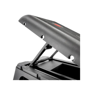 The Jordan Reebok Deck is an adjustable black and red fitness platform with a textured surface and sturdy legs, ideal for cardio and strength training at home or in the studio.