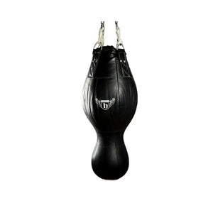 A black Hatton Boxing Triple Punch Bag (3-in-1), teardrop-shaped with a bulbous base, hangs from metal chains. Featuring visible stitching and a white front logo, this training bag is available in leather and PU options. Brand: Hatton.