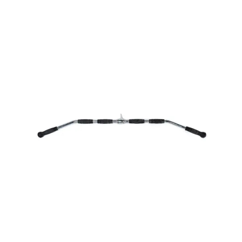 The MYO Strength Cable Attachment – 48” Lat Pulldown Bar with PU Grips by MYO Strength is a chrome-plated wide grip bar designed for gym machines, featuring black PU grips and shown on a plain white background.
