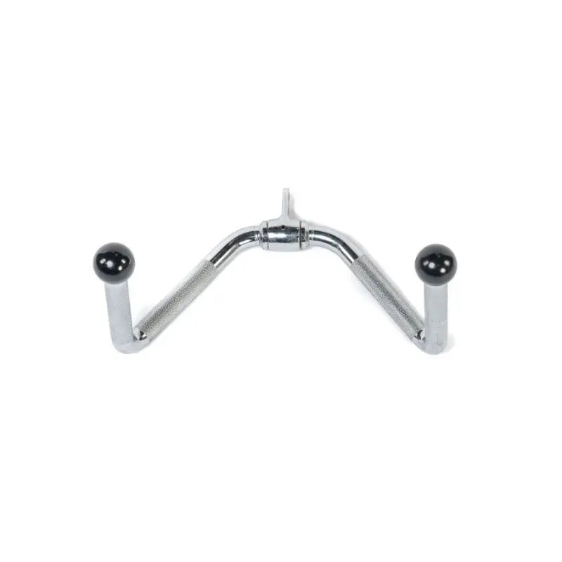 The MYO Strength Cable Attachment – Multi Exercise Bar by MYO Strength is a chrome-plated, V-shaped bar with black rubber ball grips, designed for use with cable machines in gyms.