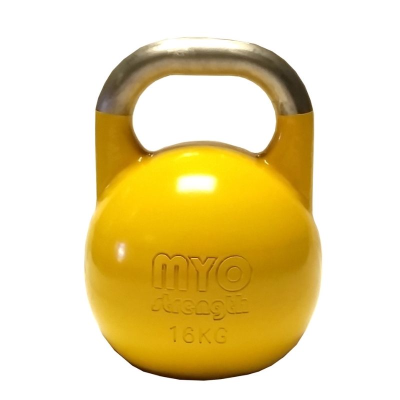 A 4 KG MYO Strength Competition Kettlebell by MYO Strength, blue with a smooth silver handle, perfect for functional strength training, shown on a white background.