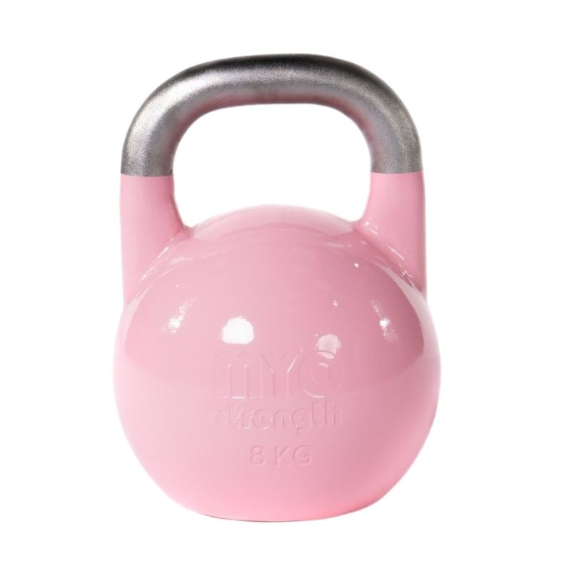 An 8KG MYO Strength Competition Kettlebell by MYO Strength, pink with a smooth silver handle, perfect for functional strength training, shown on a white background.