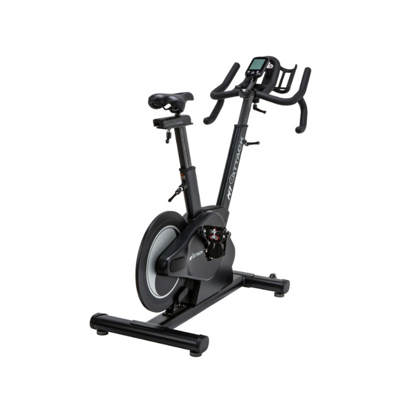 The Attack Fitness M1 Magnetic Studio Bike by Attack Fitness is a black belt-driven indoor cycle with console, featuring an adjustable seat, handlebars, and large flywheel—ideal for indoor cycling workouts against a white background.