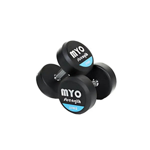 Two MYO Strength Rubber Dumbbells, each labeled 10 KG in black, white, and blue on the end, feature silver handles and a noise-reducing design. Durable and colour-coded, they are shown on a white background.