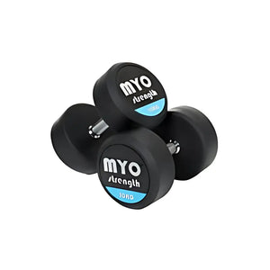 Two MYO Strength Rubber Dumbbells, each labeled 10 KG in black, white, and blue on the end, feature silver handles and a noise-reducing design. Durable and colour-coded, they are shown on a white background.