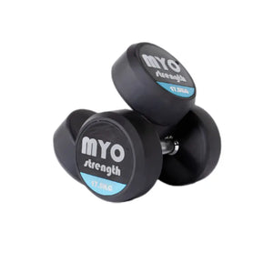 Two MYO Strength Rubber Dumbbells, each labeled 10 KG in black, white, and blue on the end, feature silver handles and a noise-reducing design. Durable and colour-coded, they are shown on a white background.