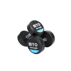 Two MYO Strength Rubber Dumbbells, each labeled 10 KG in black, white, and blue on the end, feature silver handles and a noise-reducing design. Durable and colour-coded, they are shown on a white background.