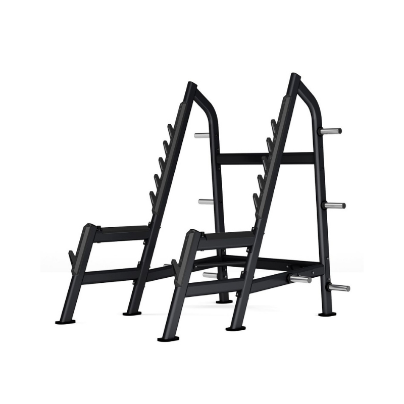 The Attack Fitness Attack Strength Squat Rack – Olympic-Grade features multiple barbell holders and four weight plate storage pegs per side, ideal for strength training routines; shown here on a white background.