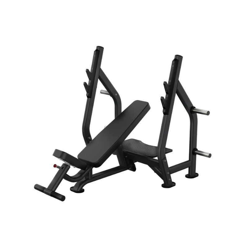 The Attack Strength Olympic Incline Bench by Attack Fitness features a 30° incline, padded seat and backrest, barbell holders, and plate storage—ideal commercial gym equipment for intense weightlifting.