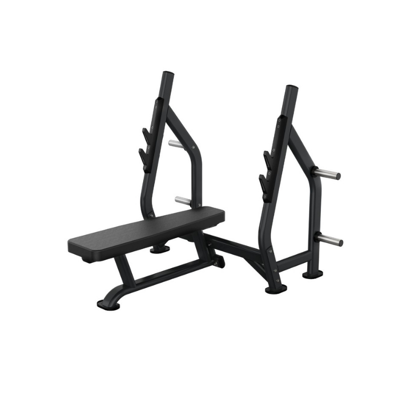The Attack Fitness Attack Strength Olympic Flat Bench is a heavy-duty flat bench press with an attached barbell rack, multiple bar hooks, and side plate storage pegs. Product shown on a white background.