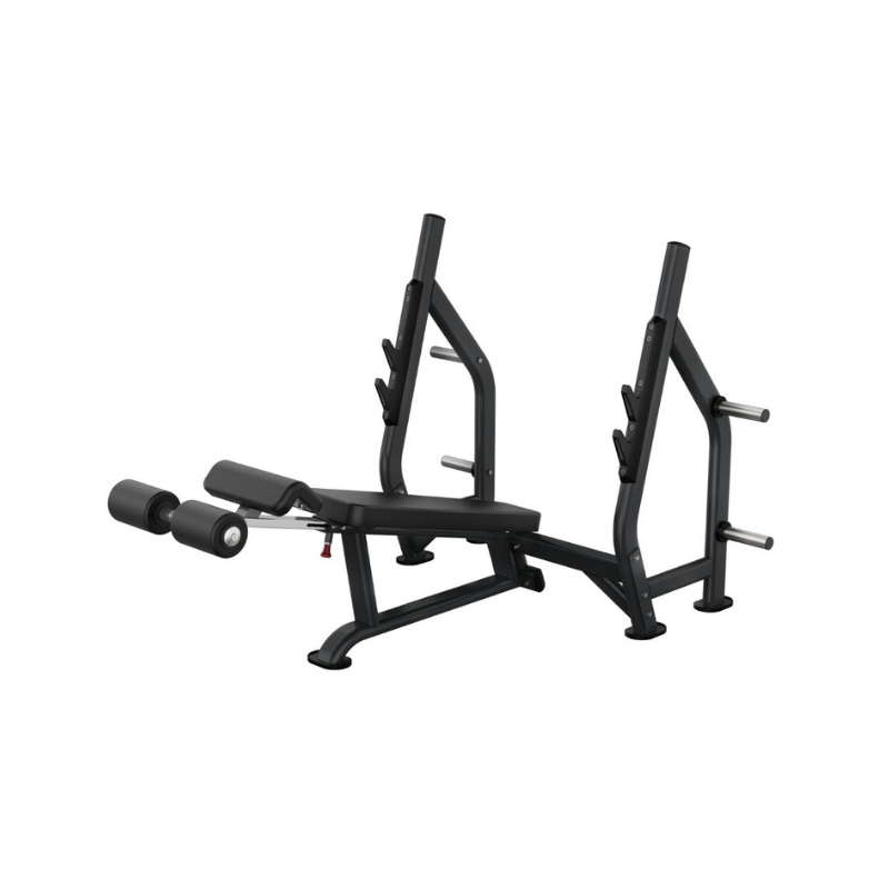 The Attack Fitness Attack Strength Olympic Decline Bench is a commercial press bench with padded rollers, side handles, barbell holders, and plate storage—ideal for strength training like bench presses. Isolated on a white background.