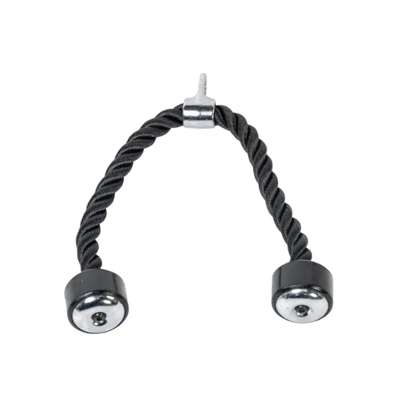 The MYO Strength Cable Attachment – Tricep Rope Extra Strength (60cm) by MYO Strength features a twisted rope, rubber ends, and metal hook—perfect for connecting to gym equipment and enhancing your strength training workouts.