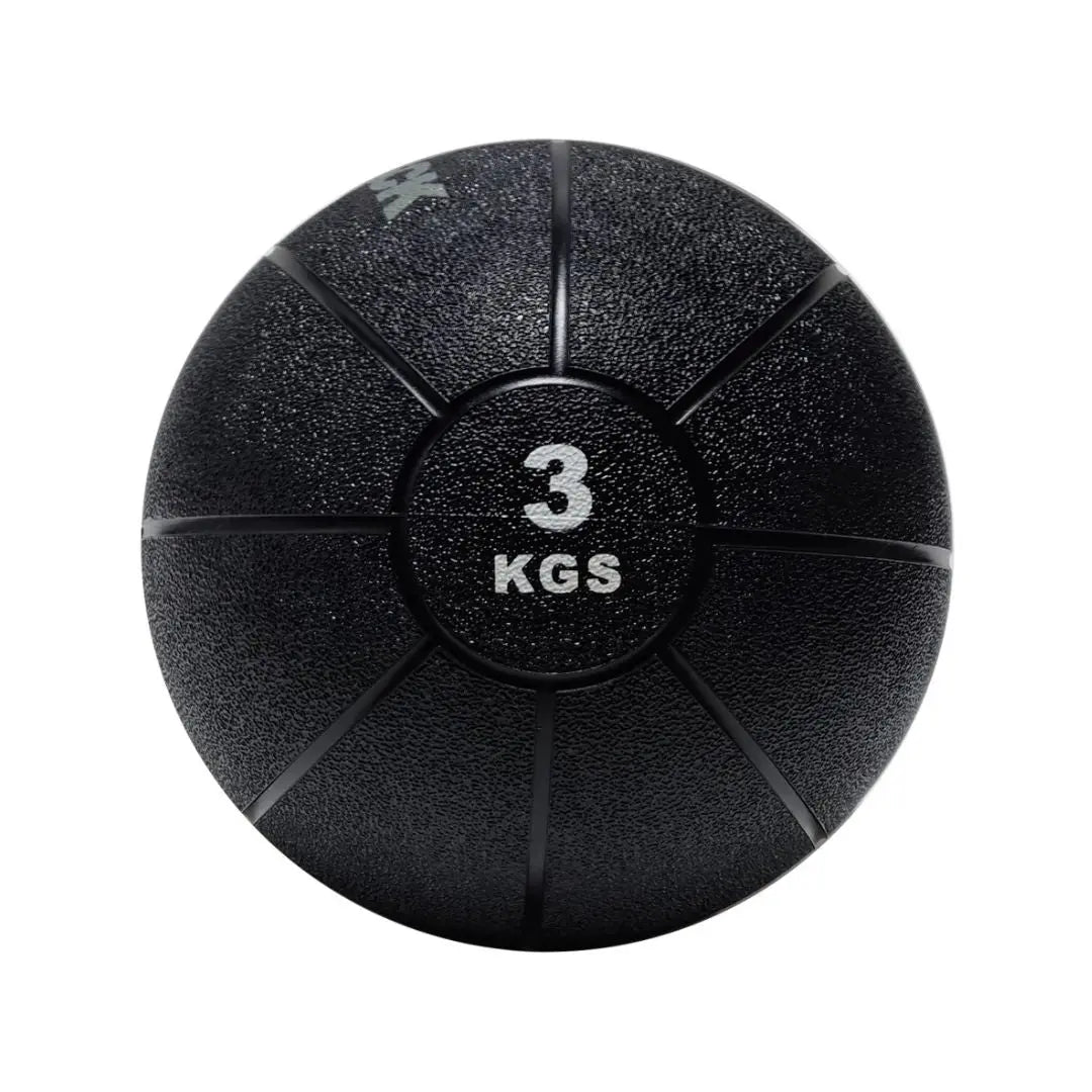 An Attack Fitness Medicine Ball (8kg) in black, featuring a textured surface and grooves with white 8 KGS text at the center, ideal for power, strength & functional training, shown from above on a white background.
