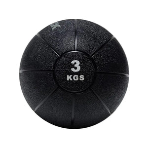 An Attack Fitness Medicine Ball (8kg) in black, featuring a textured surface and grooves with white 8 KGS text at the center, ideal for power, strength & functional training, shown from above on a white background.