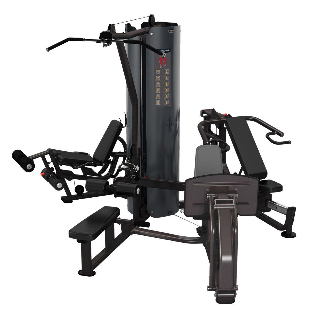 Experience full-body workouts with the MYO Strength - 3 Stack Multi Gym. This multi-station home gym system includes attachments for leg extensions, lat pulldowns, and bench presses. Elegantly designed in black and gray, it features adjustable seats and comfortable padding.