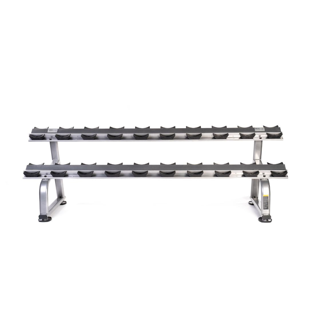 The MYO Strength - Dumbbell Storage Rack features a sleek silver frame with black holders, perfect for organizing strength training equipment. This two-tier rack elegantly holds ten pairs of dumbbells, five per tier, set against a clean white background.
