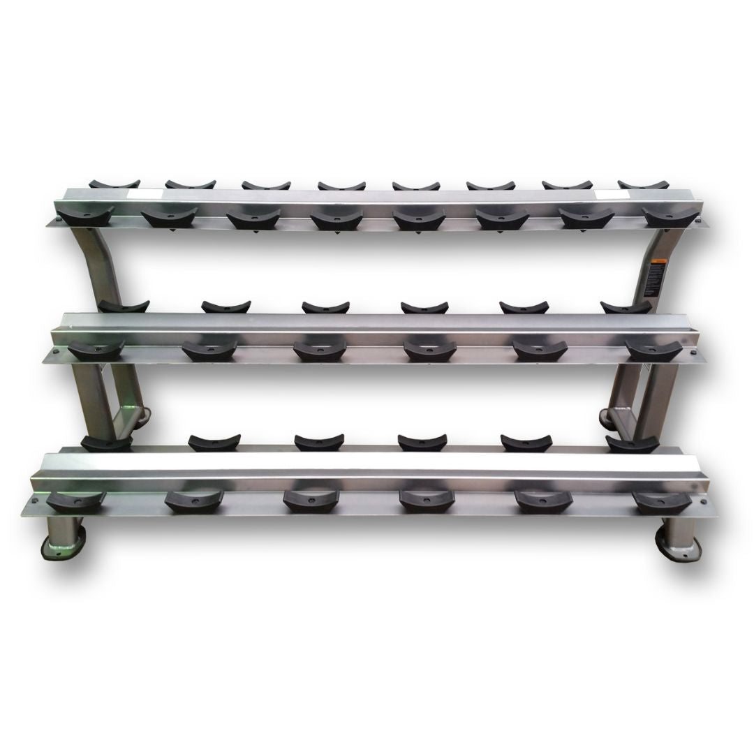 The MYO Strength Dumbbell Storage Rack is a sleek, modern three-tier metal rack with a silver finish and black cradles to hold up to 10 pairs of dumbbells. This space-saving solution beautifully complements a plain white background while organizing your strength training equipment efficiently.