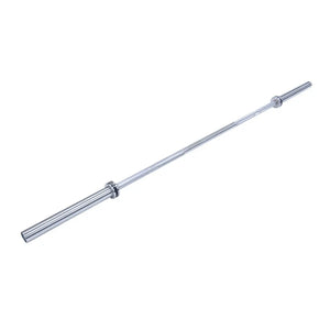 Close-up of the end of a JORDAN Elite Steel High Performance Olympic Bar. The circular cap says JORDAN, 1FT ELITE BAR, ENGLAND, and ESTD 1989 with specs 20KG-28MM. Ideal for Strength Training or Competition, the barbell is horizontally set against a white background.