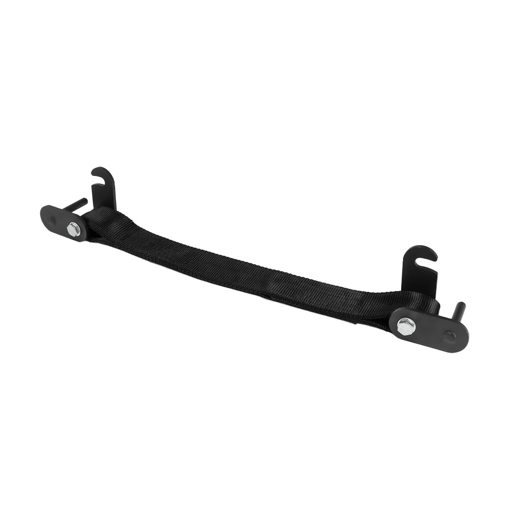 A pair of Jordan HELIX Safety Strap System Attachments, featuring black hinge straps with metal bolts and fasteners, laid parallel on a white background. Crafted from durable material, theyre perfect for home gym use to ensure tightly secured objects.