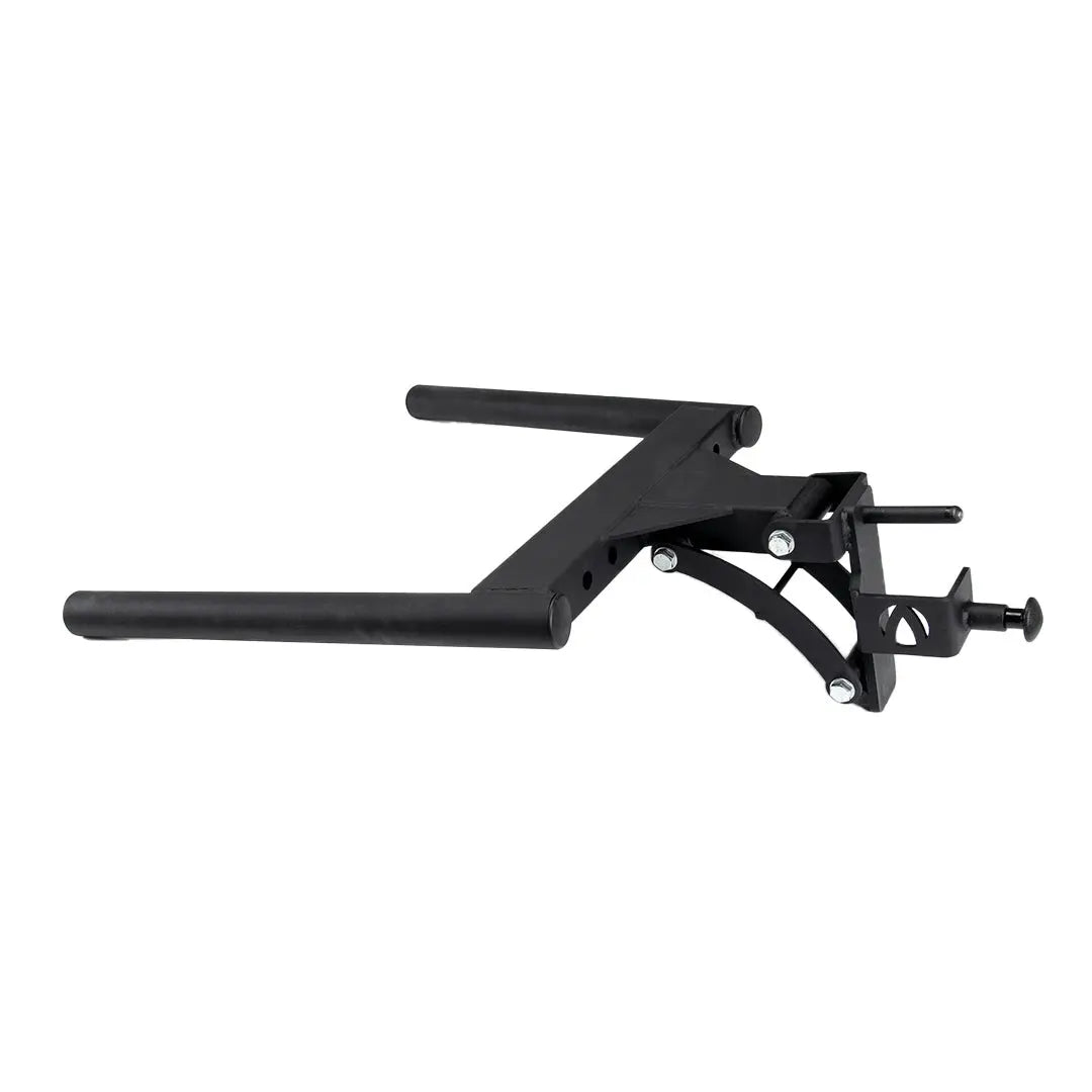 The Jordan HELIX Dipping Bar Attachment pairs well with a black metal wheel chock for secure motorcycle storage, making it ideal for home gyms where space and bodyweight training equipment from Jordan matter.