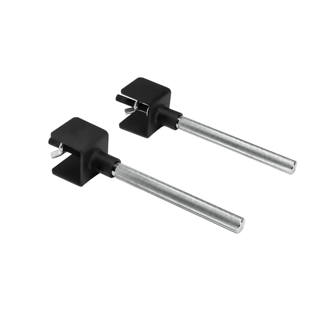 The Jordan HELIX Pull Up Bar Attachment clamp is a metal tool with a long cylindrical handle and rectangular black clamp head, using a screw mechanism to securely attach your JORDAN HELIX Pull Up Bar to the rack in any home gym.