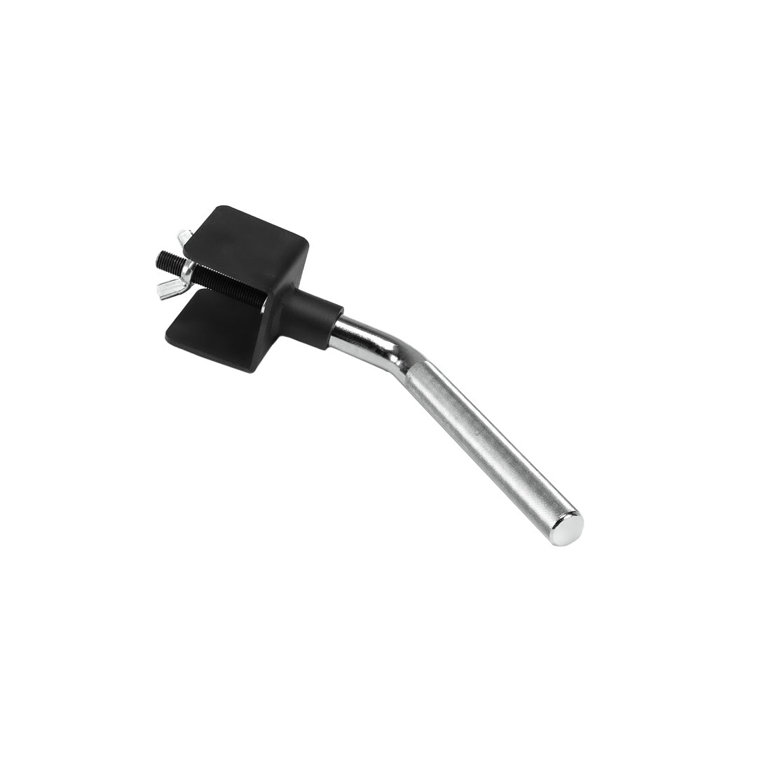The JORDAN HELIX Angled Pull Up Bar Attachment by Jordan features a metal design with a long cylindrical handle and black rectangular head, similar to the versatile pull-up bars in the JORDAN range, perfect for enhancing gym setups.