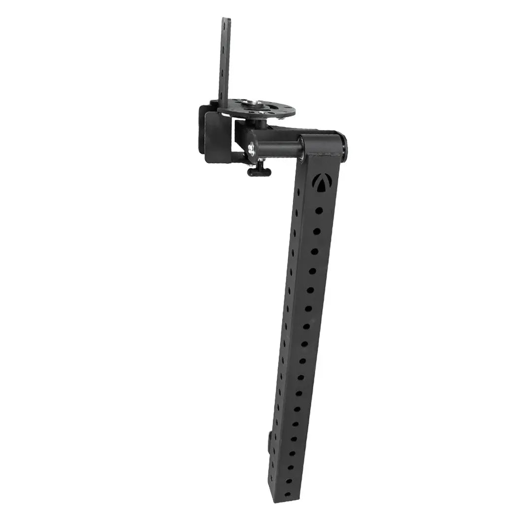 The Jordan JORDAN HELIX Revolving Jammer Arms – Dynamic Strength Attachment (Pair) are black metal adjustable arms with multiple holes and top brackets—perfect for mounting components during power or functional strength training sessions.