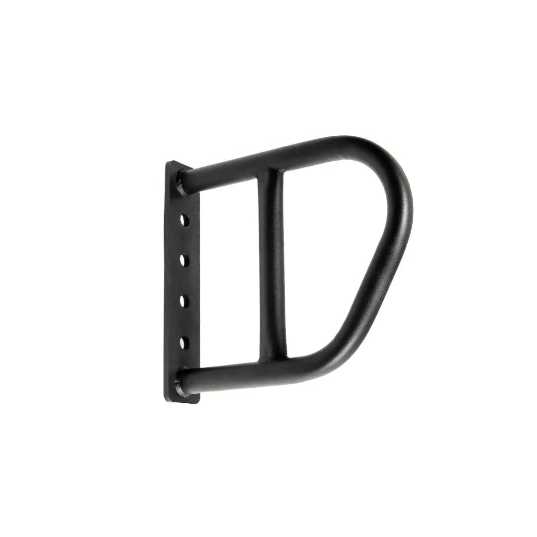 A pair of black metal wall-mounted brackets by Jordan, designed to hold JORDAN HELIX Multi Handle Attachments – Pull-Up & Dip Accessory (Pair). Features rounded ends and multiple screw holes for secure mounting.