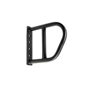 A pair of black metal wall-mounted brackets by Jordan, designed to hold JORDAN HELIX Multi Handle Attachments – Pull-Up & Dip Accessory (Pair). Features rounded ends and multiple screw holes for secure mounting.