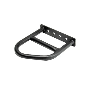 A pair of black metal wall-mounted brackets by Jordan, designed to hold JORDAN HELIX Multi Handle Attachments – Pull-Up & Dip Accessory (Pair). Features rounded ends and multiple screw holes for secure mounting.