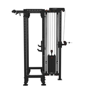 The JORDAN -J75 T-Rack in black, from the brand Jordan, includes blue and red weightlifting plates. This multifunctional machine offers a versatile workout with its cables, pulleys, and adjustable features.