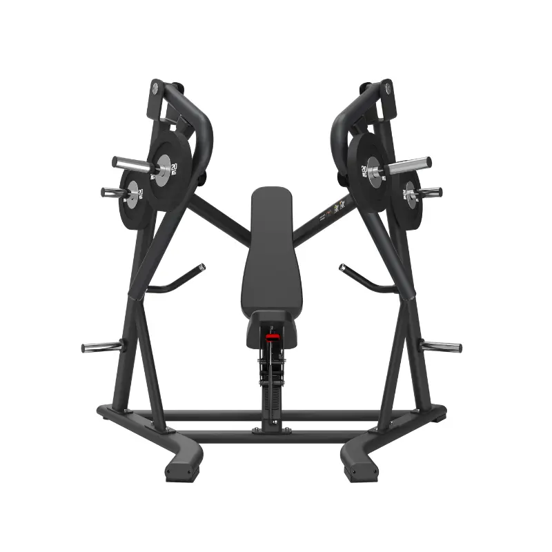 The ATTACK STRENGTH Plate Loaded Decline Chest Press by Attack Fitness is a black, plate-loaded lower chest strength machine with a padded bench, shown from the front against a white background.