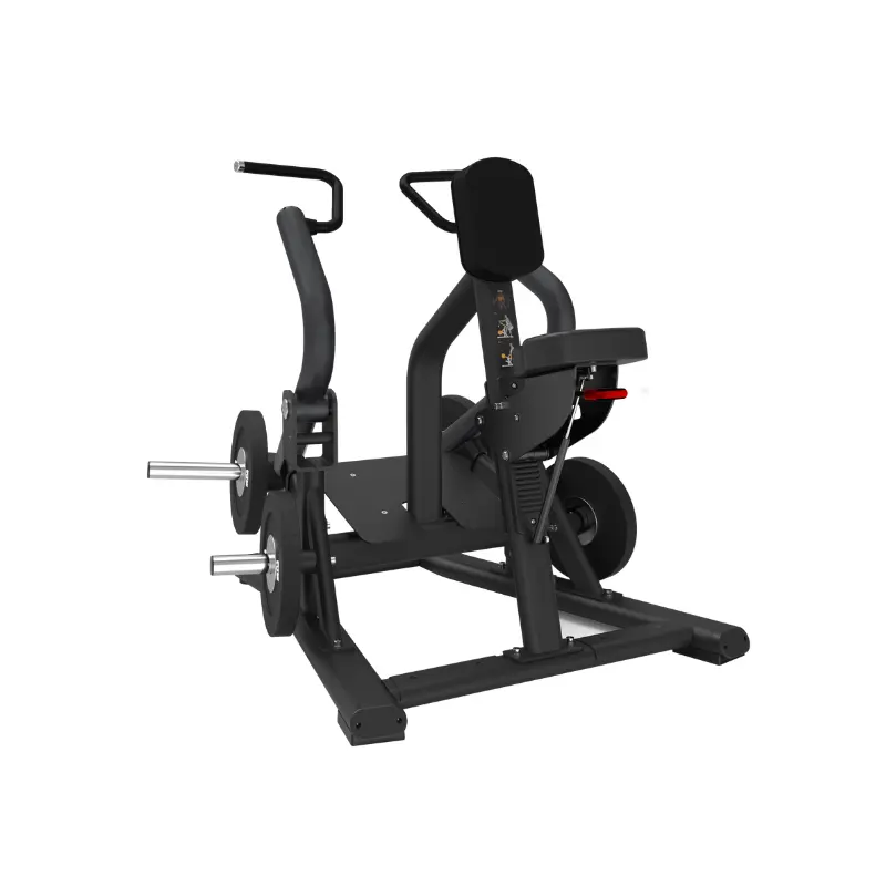 The ATTACK STRENGTH Plate Loaded Row by Attack Fitness is a commercial lat and back trainer with a padded seat, chest support, handles, and weight plate holders. Shown on a white background, it’s designed for upper body strength training.