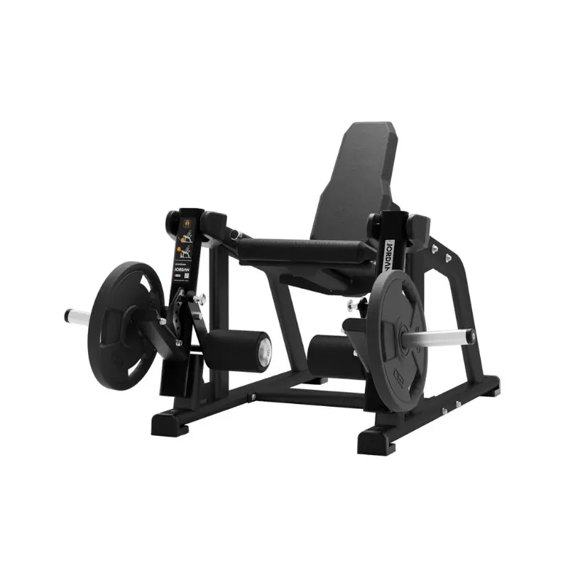The JORDAN Iso-Lateral Leg Extension by Jordan is a commercial-grade, black quad training machine with a padded seat and backrest, adjustable rollers, and weight plate loading on both sides for iso-lateral leg workouts.
