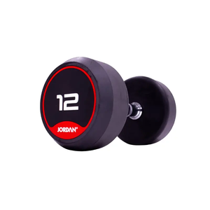 A single black JORDAN Solid Rubber Dumbbell by Jordan, with a red and white label marked "10," is shown on a white background—premium weights perfect for strength and functional fitness routines.