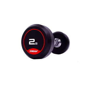 A single black JORDAN Solid Rubber Dumbbell by Jordan, with a red and white label marked "10," is shown on a white background—premium weights perfect for strength and functional fitness routines.