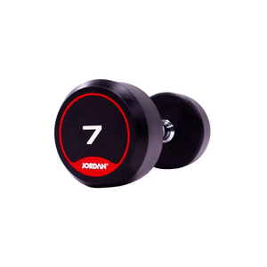 A single black JORDAN Solid Rubber Dumbbell by Jordan, with a red and white label marked "10," is shown on a white background—premium weights perfect for strength and functional fitness routines.